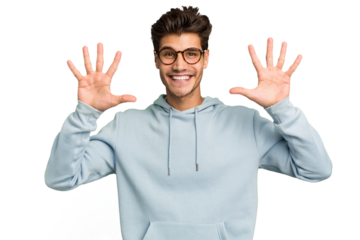 Young caucasian handsome man isolated showing number ten with hands.