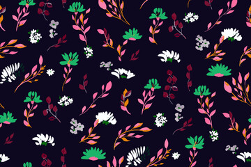 Obraz premium Night feminine seamless pattern with hand drawn paint wildflowers on dark background