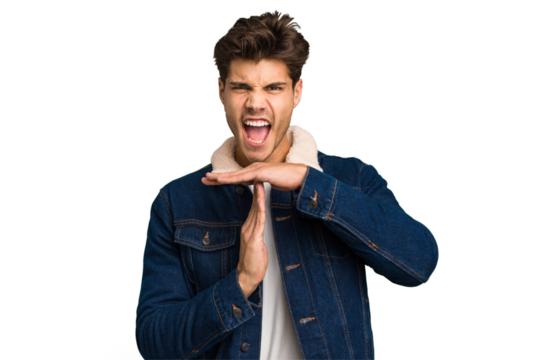 Young caucasian handsome man isolated showing a timeout gesture.