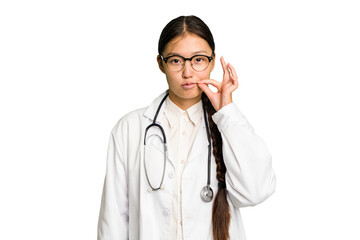 Fototapeta premium Young doctor asian woman isolated with fingers on lips keeping a secret.