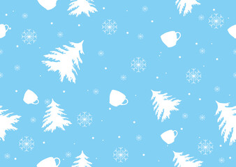 Fototapeta na wymiar Seamless pattern with Christmas trees, snowflakes and cups in white. Vector illustration on blue background