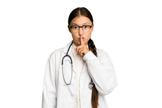 Young doctor asian woman isolated keeping a secret or asking for silence.