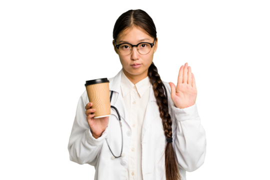 Young doctor asian woman holding a takeaway coffee isolated standing with outstretched hand showing stop sign, preventing you.
