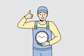 Smiling man in uniform holding clock in hands showing thumb up. Happy male worker with watch care about time management and deadline. Vector illustration. 