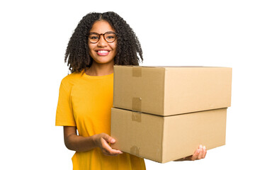 Young african american woman moving to other house while picking up a box full of things isolated...