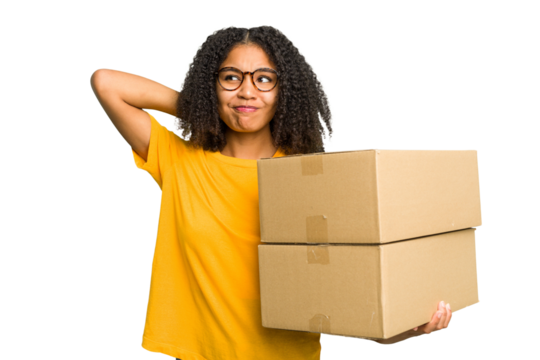 Young african american woman moving to other house while picking up a box full of things isolated touching back of head, thinking and making a choice.