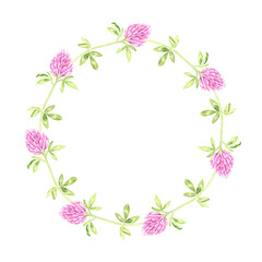 Obraz na płótnie Canvas Round wreath of blooming clover. St.Patrick 's Day. Watercolor illustration. Isolated on a white background.For your design packages of seeds, goods for a garden, stickers, organic products, stickers