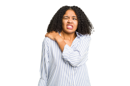 Young african american woman isolated having a shoulder pain.