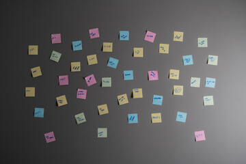 colorful paper notes attached on the wall with reminders in office
