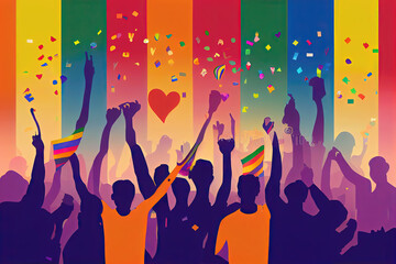 LHBTQ+ gender pride celebration with flags and colours vector illustration love gay trans people humans dancing
