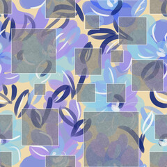 Seamless pattern of gray textured squares and abstract floral elements on a light yellow background for textile.