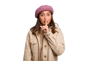 Young caucasian woman wearing winter jacket isolated keeping a secret or asking for silence.
