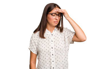 Young cute caucasian woman isolated having a head ache, touching front of the face.