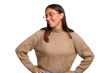 Young cute caucasian woman isolated laughs happily and has fun keeping hands on stomach.