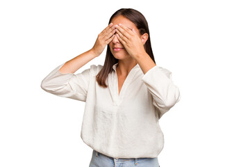 Young cute caucasian woman isolated afraid covering eyes with hands.