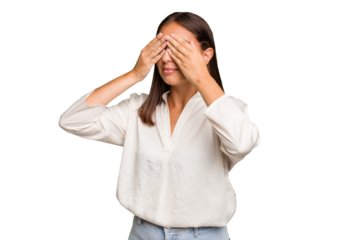 Young cute caucasian woman isolated afraid covering eyes with hands.