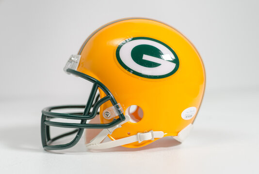 london, uk, 09.09.2022 official NFL Green Bay Packers mini helmet signed by  LYNN DICKEY #12 linebacker. Retro vintage sports players and merchandise. American football fans.