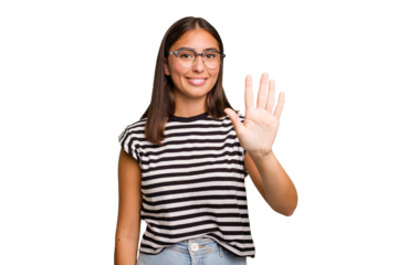 Young cute caucasian woman isolated smiling cheerful showing number five with fingers.