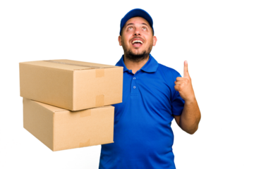 Delivery caucasian man isolated pointing upside with opened mouth.