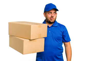 Delivery caucasian man isolated confused, feels doubtful and unsure.