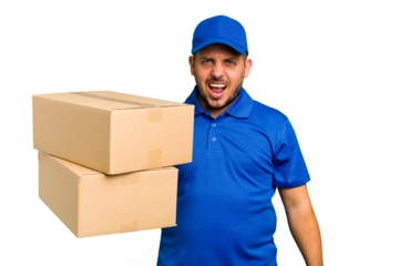 Delivery caucasian man isolated screaming very angry and aggressive.