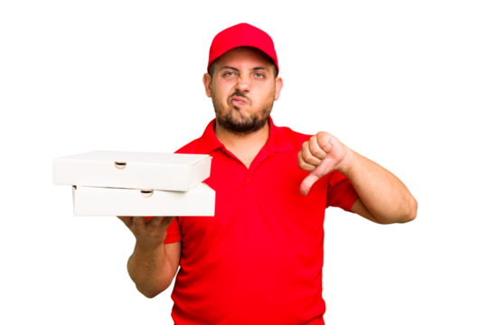 Pizza delivery caucasian man with work uniform picking up pizza boxes isolated showing a dislike gesture, thumbs down. Disagreement concept.