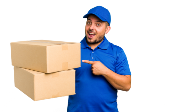 Delivery caucasian man isolated pointing to the side