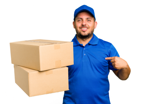 Delivery caucasian man isolated person pointing by hand to a shirt copy space, proud and confident - Powered by Adobe