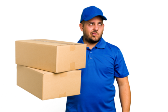 Delivery caucasian man isolated confused, feels doubtful and unsure.
