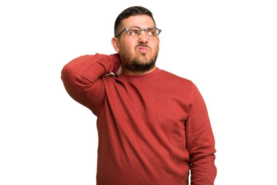 Young caucasian man isolated touching back of head, thinking and making a choice.