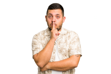 Young caucasian man isolated keeping a secret or asking for silence.