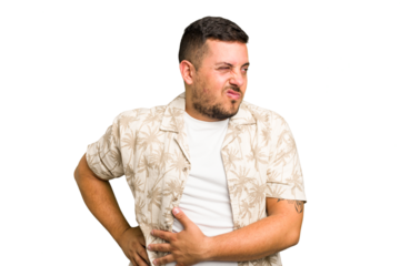 Young caucasian man isolated having a liver pain, stomach ache.