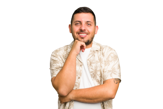 Young caucasian man isolated smiling happy and confident, touching chin with hand.