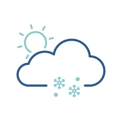 Blue linear cloud with sun and falling snowflakes vector icon. Sometimes cloudy with snow concept icon design. 