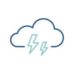 Blue linear cloud with lightning weather conditions vector icon. Thunderstorm weather concept icon design.