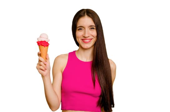 Young caucasian woman eating an ice cream isolated happy, smiling and cheerful. - Powered by Adobe