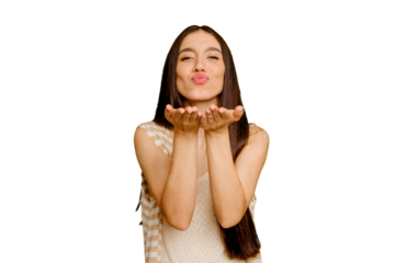 Young caucasian long hair woman isolated folding lips and holding palms to send air kiss.
