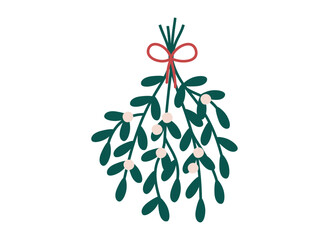 Hand drawn cute cartoon illustration of hanging mistletoe with red bow. Flat vector Christmas plant sticker in colored doodle style. New Year, Xmas branches icon or print. Isolated on background.