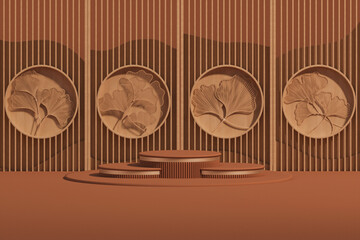 Minimal abstract scene with geometric shapes. Podium on brown and green background with leaves. Ginkgo leaves with golden line art background, wall art. Autumn season. 3d render
