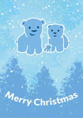 Christmas card bear family. Blue color. Background with christmas trees and snowfall. Vector illustration.