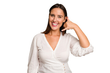 Fototapeta premium Young caucasian cute woman isolated showing a mobile phone call gesture with fingers.
