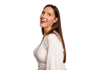 Young caucasian cute woman isolated looks aside smiling, cheerful and pleasant.