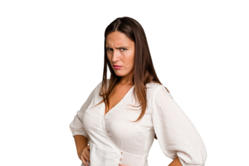 Young caucasian cute woman isolated frowning face in displeasure, keeps arms folded.