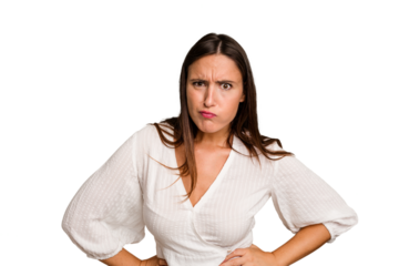 Young caucasian cute woman isolated confused, feels doubtful and unsure.