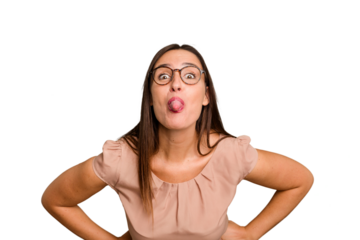 Young caucasian cute woman isolated funny and friendly sticking out tongue.