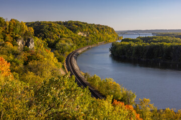 Fototapeta na wymiar Mississippi River Scenic Autumn Landscape with Railroad Tracks