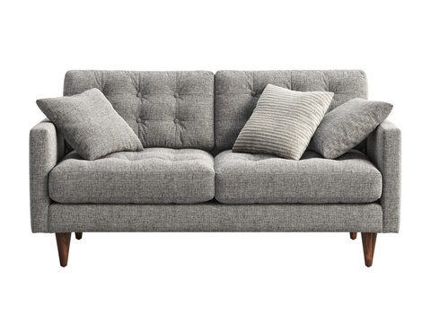 Mid-century gray fabric sofa with pillows. 3d render
