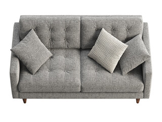 Mid-century gray fabric sofa with pillows. 3d render