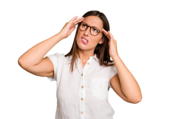 Young caucasian cute woman isolated touching temples and having headache.