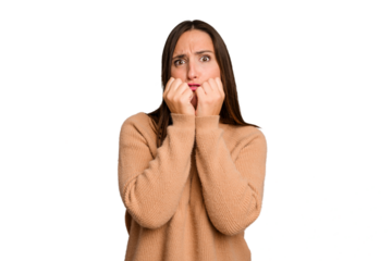 Young caucasian cute woman isolated biting fingernails, nervous and very anxious.